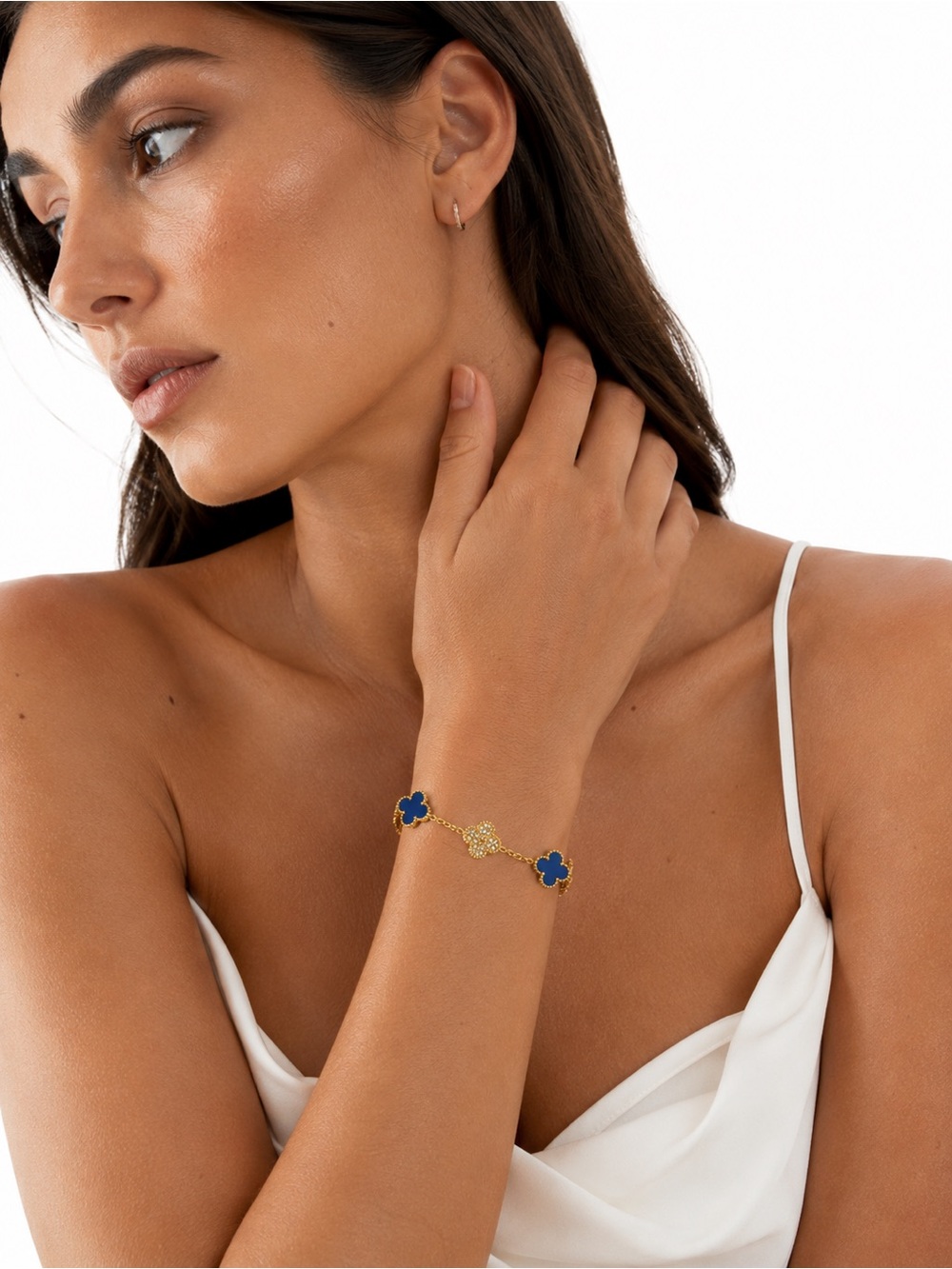 14K Gold Plated Blue Clover Bracelet Crystal Adjustable 7-8”